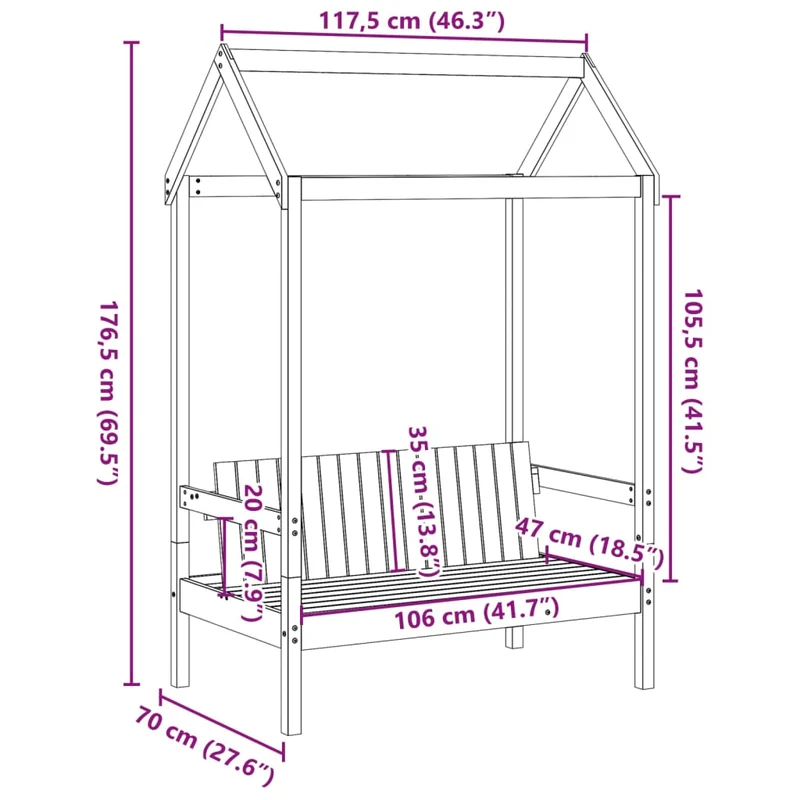 Banc avec toit et dossier forme maison 117,5 x 70 x 176,5 cm en bois de pin massif brun DEC024665