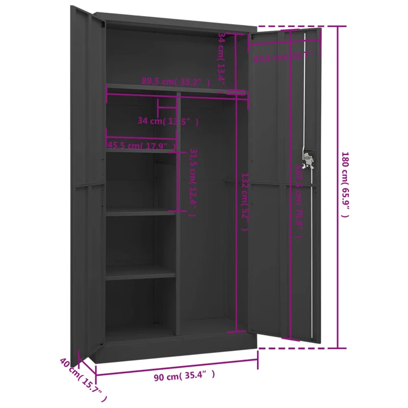 Meuble de bureau armoire de rangement avec 4 étagères 90 x 40 x 180 cm en acier anthracite DEC024486