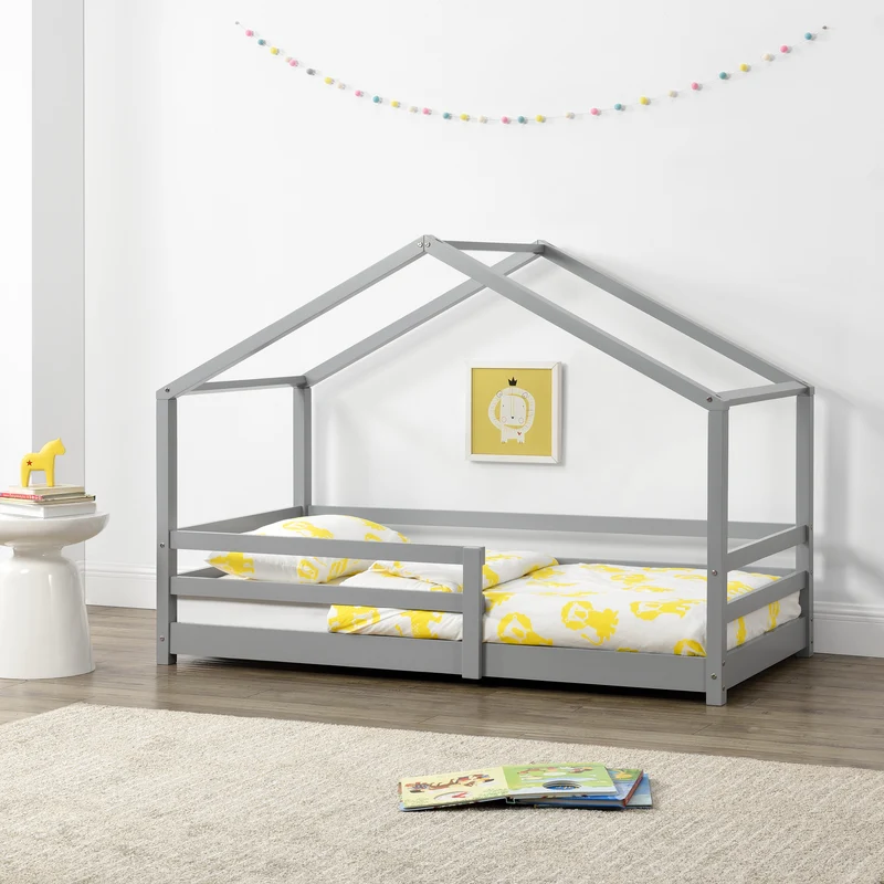 Lit cabane pour enfant forme de maison avec barrière de sécurité en bois de pin gris 70 x 140 cm 03_0005523