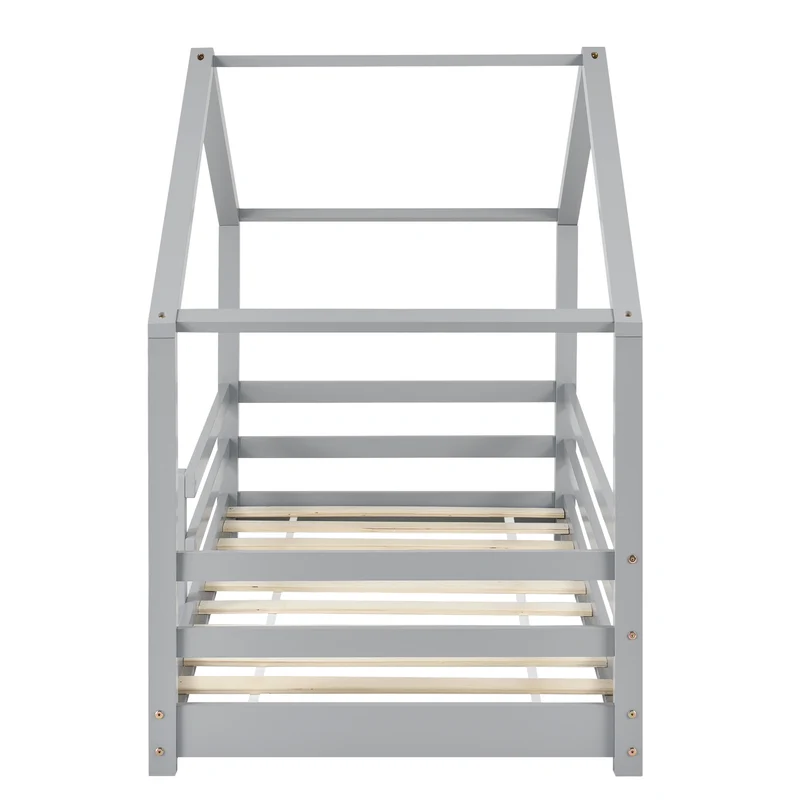 Lit cabane pour enfant forme de maison avec barrière de sécurité en bois de pin gris 70 x 140 cm 03_0005523