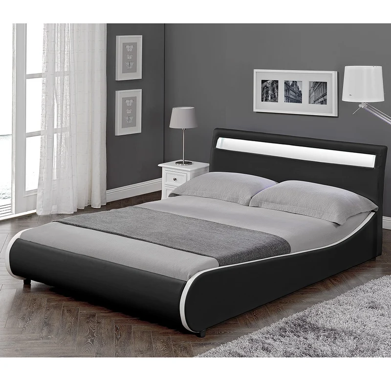 Lit double 2 personnes capitonné LED 180 x 200 cm en cuir synthétique noir avec sommier à lattes 03_0005334