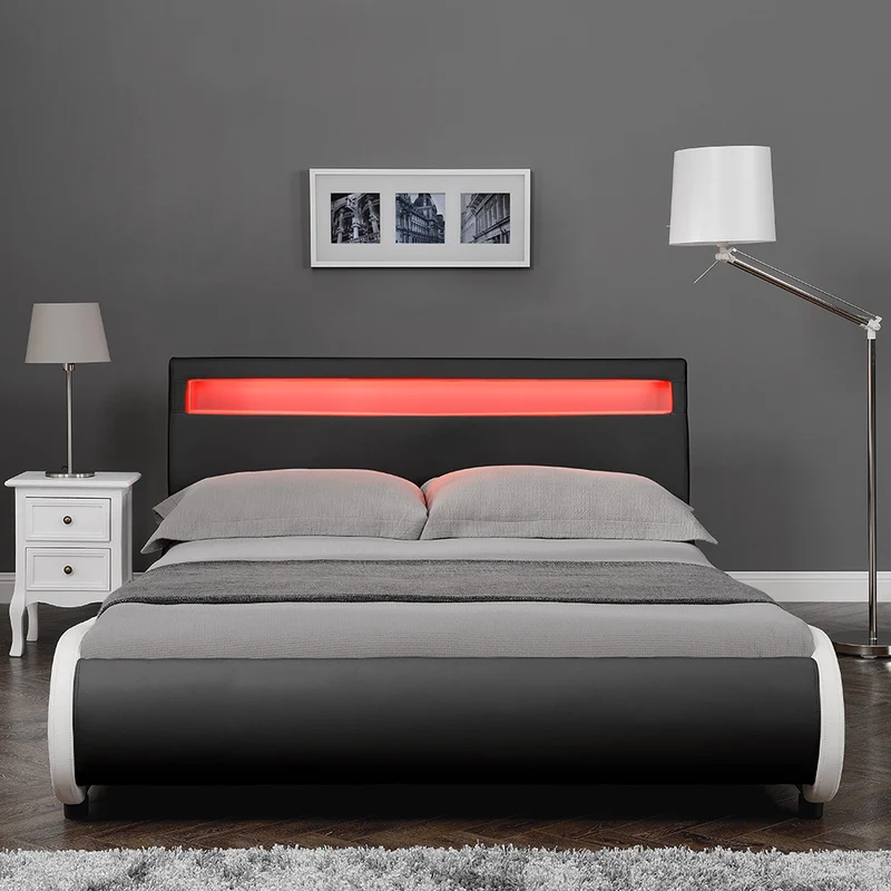 Lit double 2 personnes capitonné LED 180 x 200 cm en cuir synthétique noir avec sommier à lattes 03_0005334