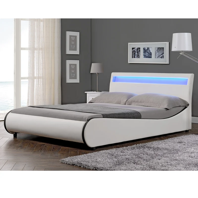 Lit double 2 personnes capitonné LED 180 x 200 cm en cuir synthétique blanc avec sommier à lattes 03_0005324