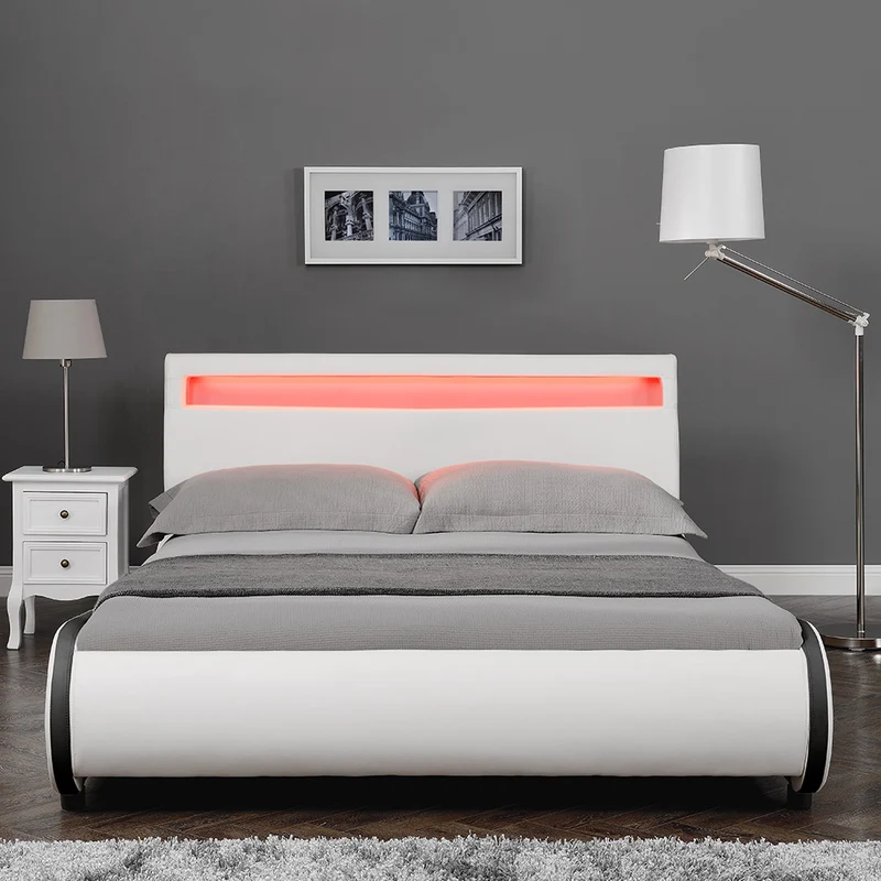 Lit double 2 personnes capitonné LED 180 x 200 cm en cuir synthétique blanc avec sommier à lattes 03_0005324