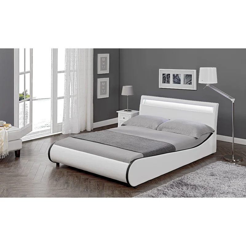 Lit double 2 personnes capitonné LED 140 x 200 cm en cuir synthétique blanc avec sommier à lattes 03_0005323