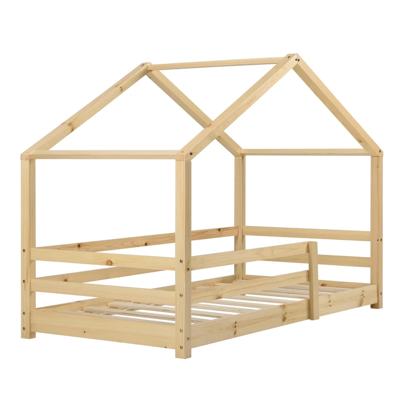 Lit cabane maison pour enfant avec barrière et sommier à lattes bois de pin naturel 160 x 80 cm 03_0005525