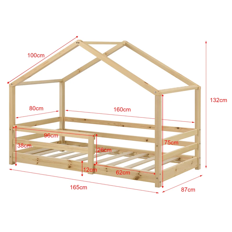 Lit cabane maison pour enfant avec barrière et sommier à lattes bois de pin naturel 160 x 80 cm 03_0005525