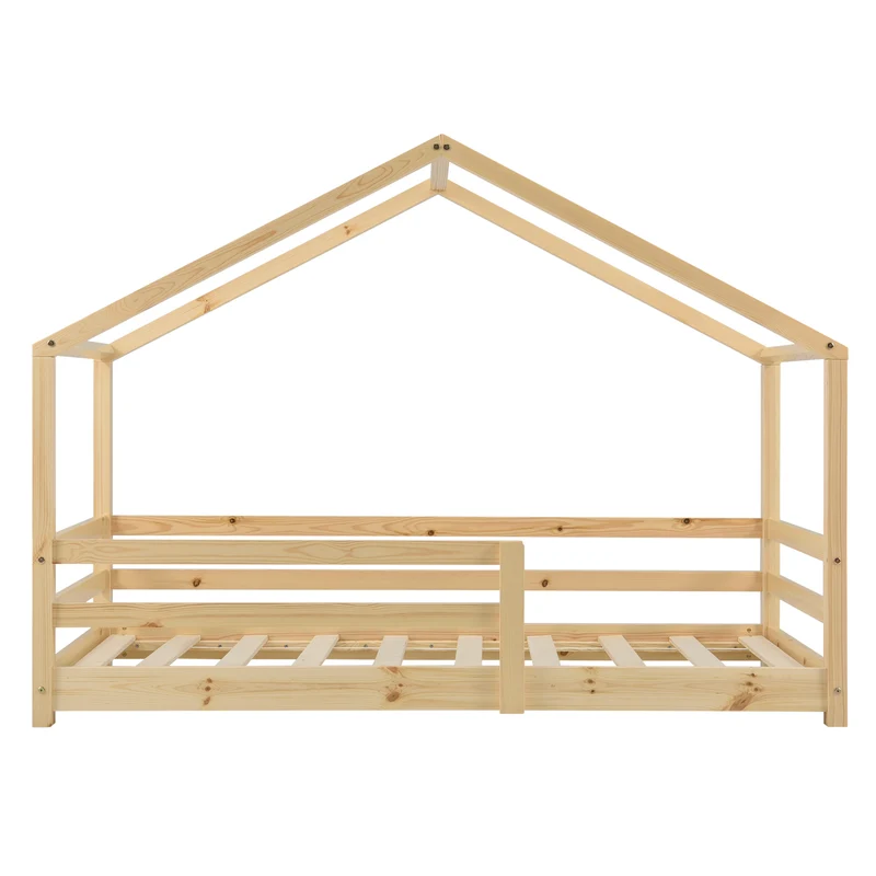 Lit cabane maison pour enfant avec barrière et sommier à lattes bois de pin naturel 160 x 80 cm 03_0005525