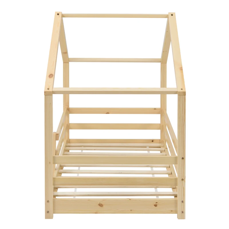 Lit cabane maison pour enfant avec barrière et sommier à lattes bois de pin naturel 160 x 80 cm 03_0005525