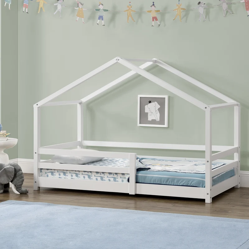 Lit cabane maison pour enfant avec barrière et sommier à lattes bois de pin blanc 200 x 90 cm 03_0005527