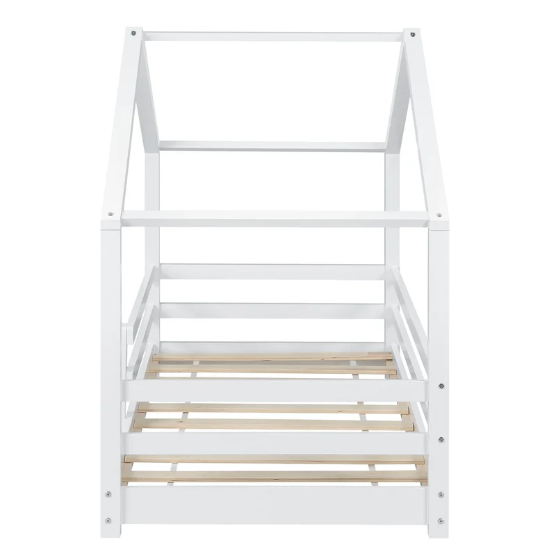 Lit cabane maison pour enfant avec barrière et sommier à lattes bois de pin blanc 200 x 90 cm 03_0005527