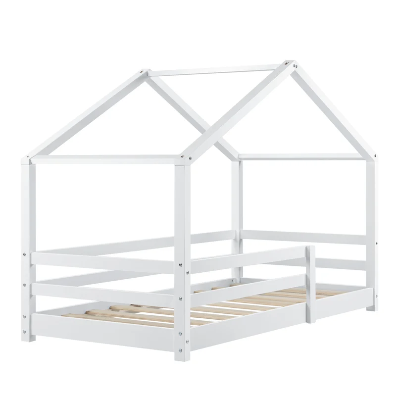 Lit cabane maison pour enfant avec barrière et sommier à lattes bois de pin blanc 160 x 80 cm 03_0005524