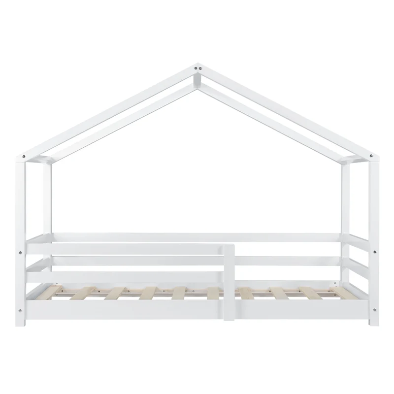 Lit cabane maison pour enfant avec barrière et sommier à lattes bois de pin blanc 160 x 80 cm 03_0005524