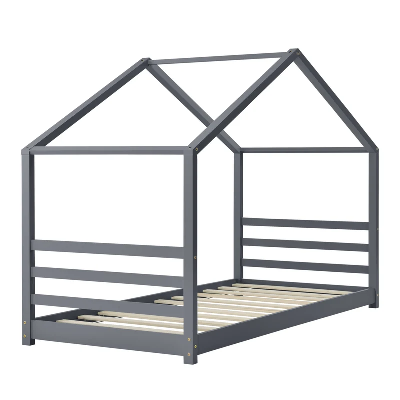 Lit pour enfant cabane maison avec sommier à lattes bois de pin gris foncé 90 x 200 cm 03_0005501