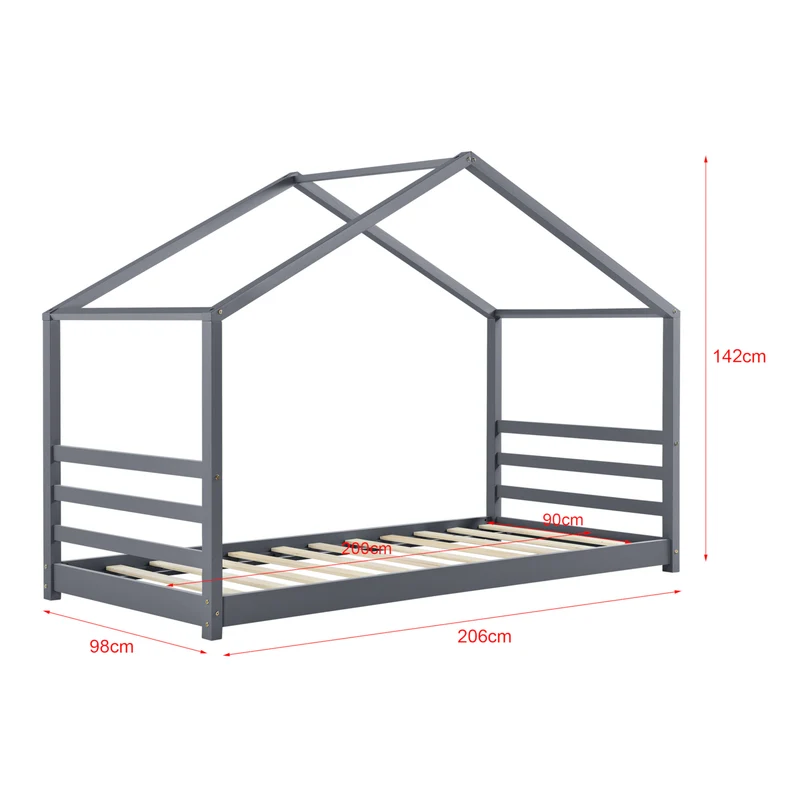 Lit pour enfant cabane maison avec sommier à lattes bois de pin gris foncé 90 x 200 cm 03_0005501