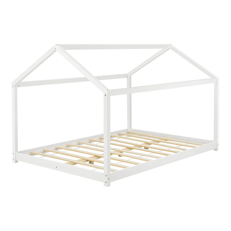 Lit pour enfant cabane maison avec matelas sommier à lattes bois de pin blanc 140 x 200 cm 03_0005510