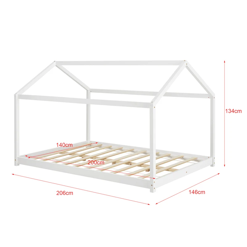 Lit pour enfant cabane maison avec matelas sommier à lattes bois de pin blanc 140 x 200 cm 03_0005510
