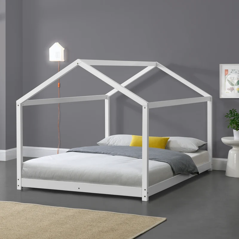 Lit pour enfant en forme de maison avec sommier à lattes en pin blanc 140 x 200 cm 03_0005406