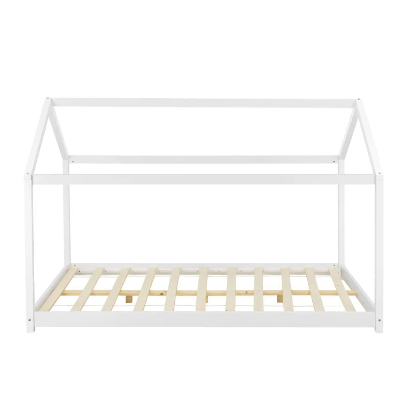 Lit pour enfant en forme de maison avec sommier à lattes en pin blanc 140 x 200 cm 03_0005406