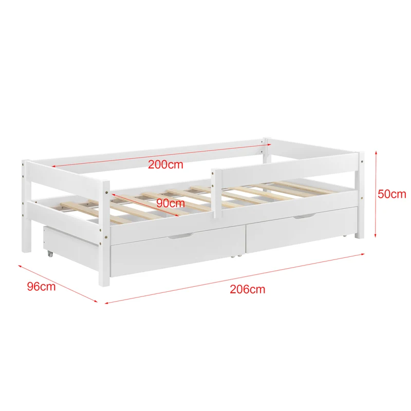Lit pour enfant avec barrière anti-chute sommier et tiroirs de rangement bois de pin blanc 90 x 200 cm 03_0005419