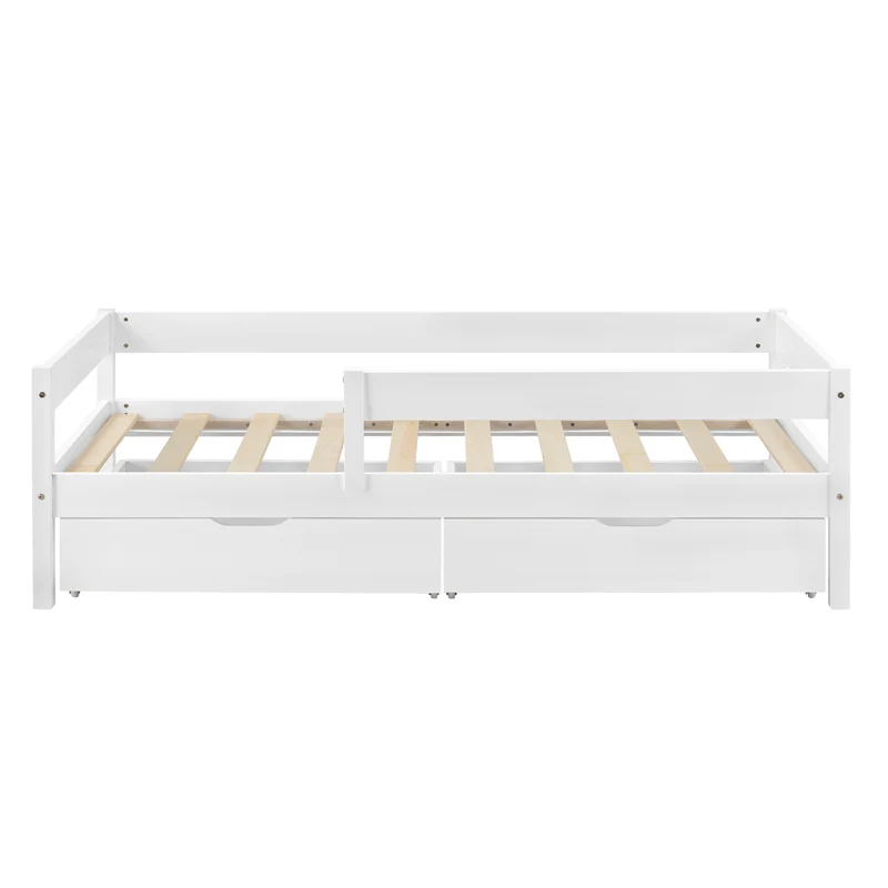 Lit pour enfant avec barrière anti-chute sommier et tiroirs de rangement bois de pin blanc 90 x 200 cm 03_0005419