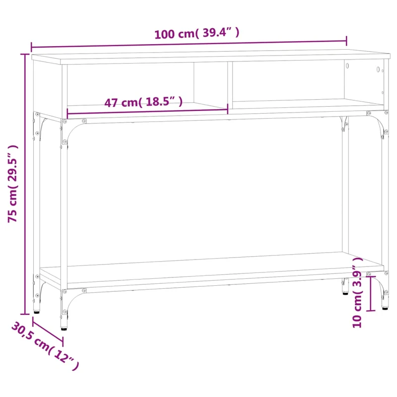 Table console fonctionnel et stylé avec compartiments rangement 100 x 30,5 x 75 cm bois d'ingénierie noir et métal DEC032065
