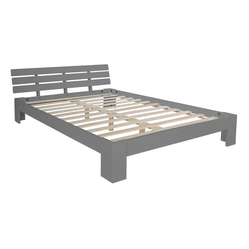 Lit double 140x200 cm avec tiroir de rangement et sommier à lattes cadre en bois de pin gris LIT06224