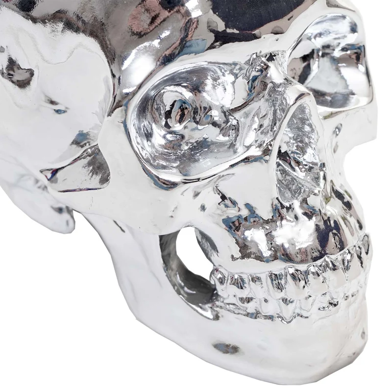 Crâne décoratif sculpture en polyrésine, intérieur/extérieur 18cm argent brillant 04_0002839
