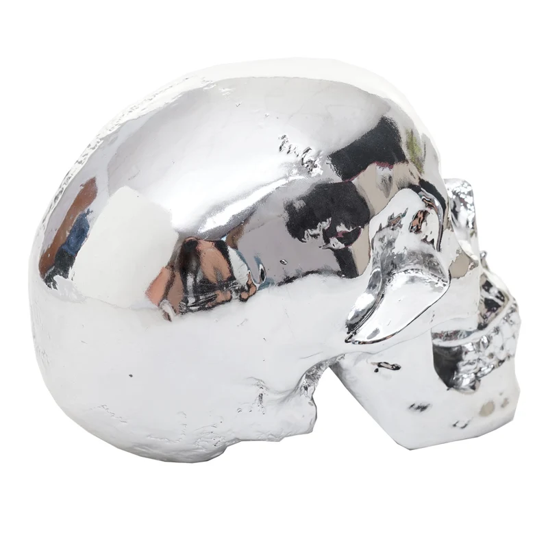 Crâne décoratif sculpture en polyrésine, intérieur/extérieur 18cm argent brillant 04_0002839