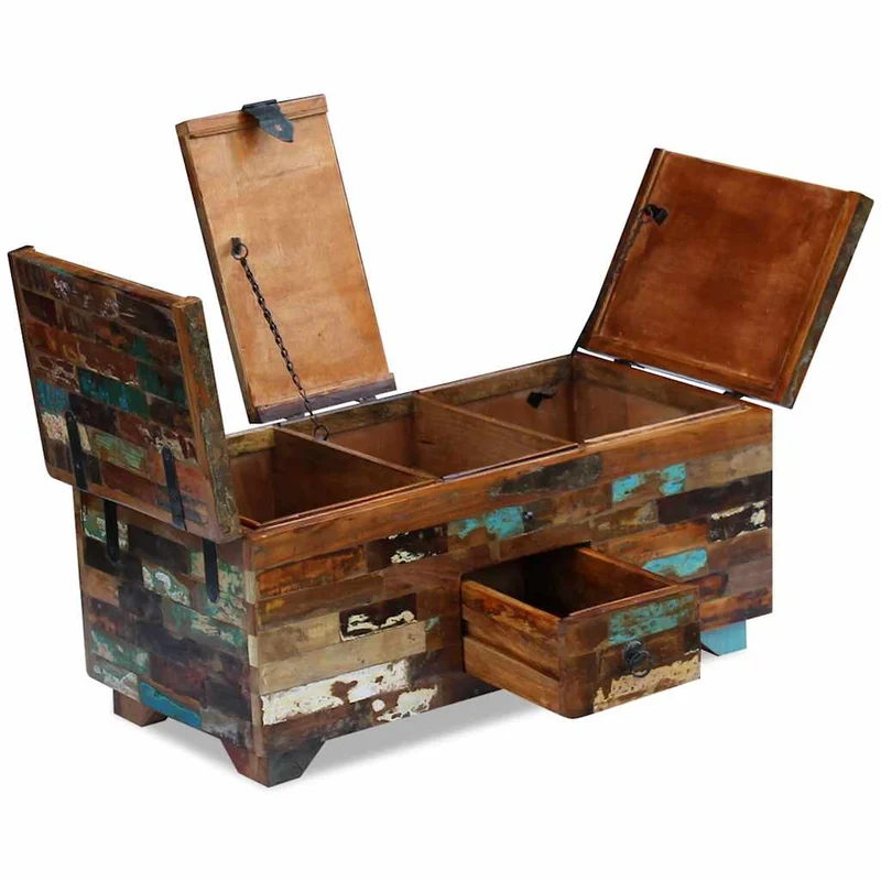 Coffre table basse en bois de récupération massif avec trois compartiments 80 x 40 x 35 cm DEC031229