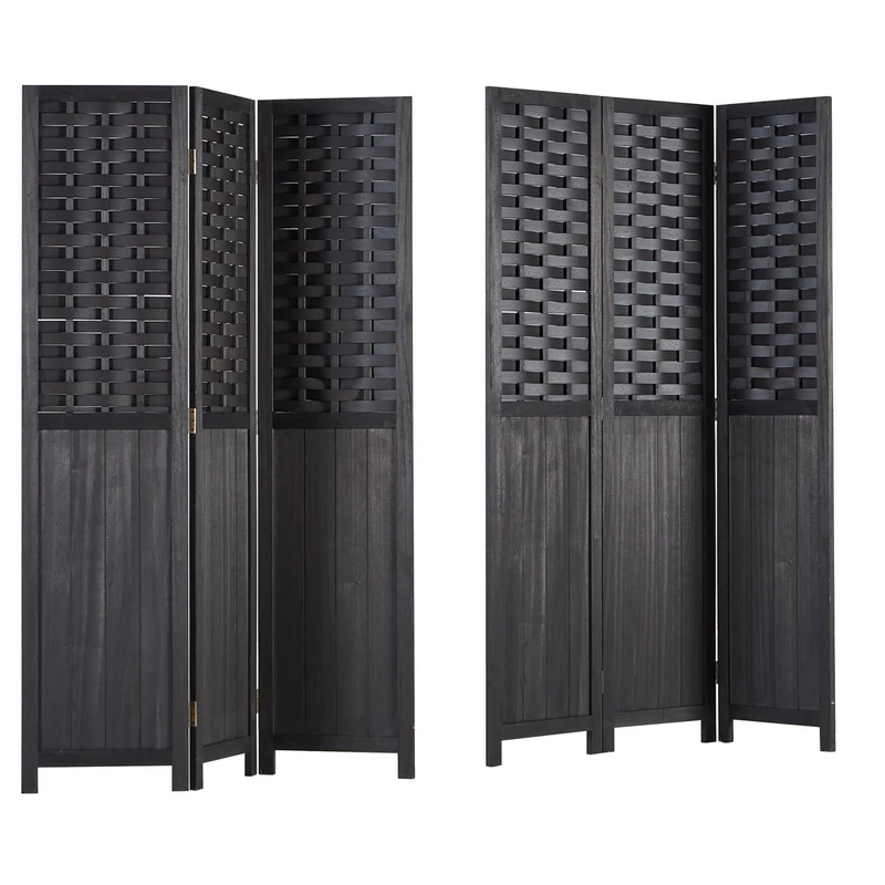 Paravent en 3 panneaux séparateur de pièce en bois noir 175x132 cm PAR06081