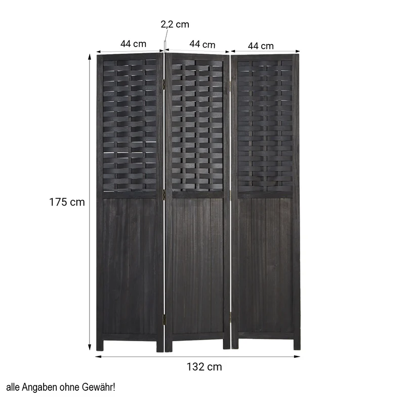 Paravent en 3 panneaux séparateur de pièce en bois noir 175x132 cm PAR06081