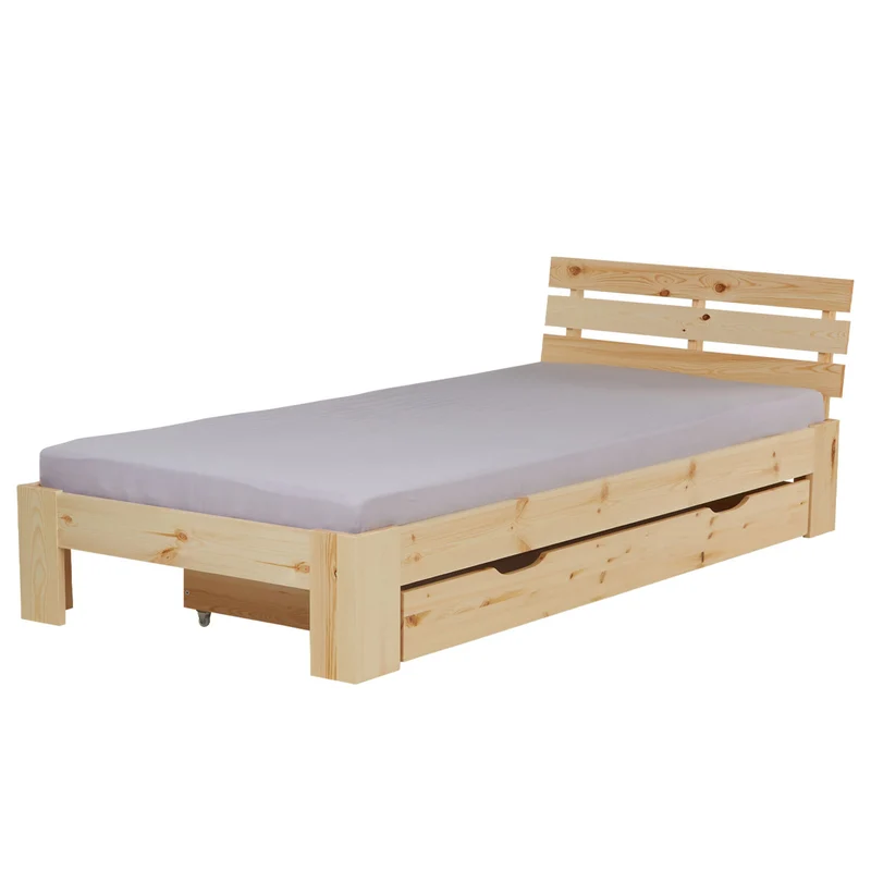 Lit simple en bois de pin 90x200 avec sommier à lattes et tiroir de rangement LIT06230