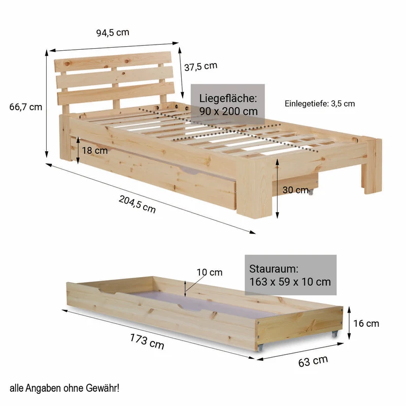 Lit simple en bois de pin 90x200 avec sommier à lattes et tiroir de rangement LIT06230