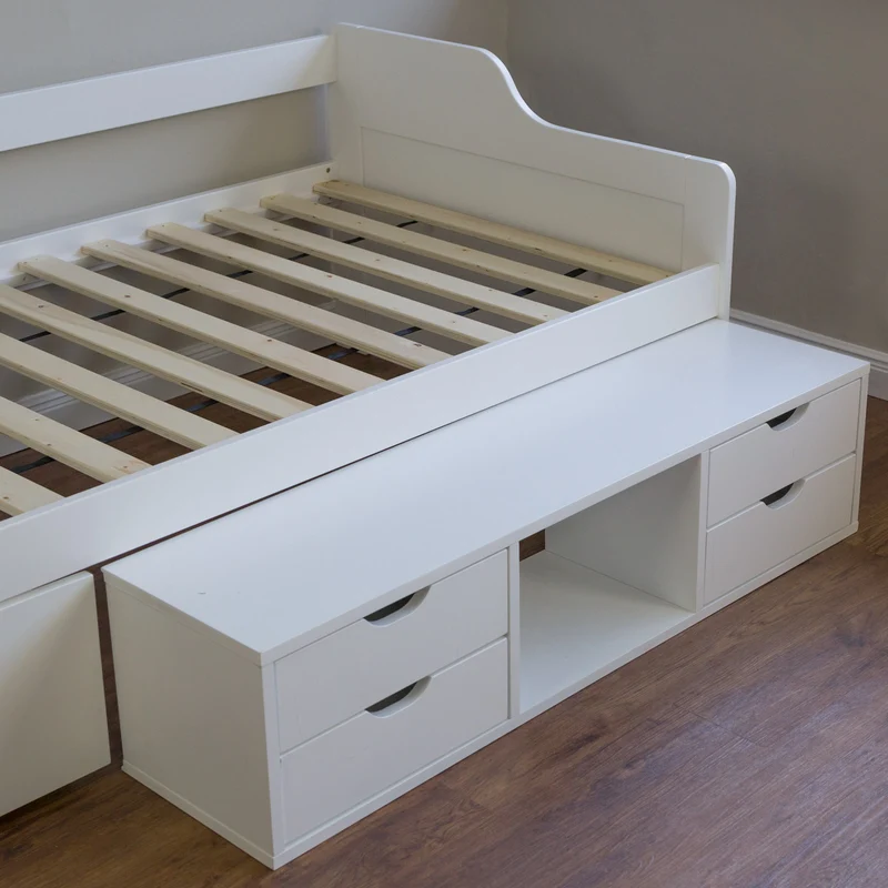 Lit simple avec sommier à lattes et tiroirs de rangement en pin blanc 90x200 LIT06234