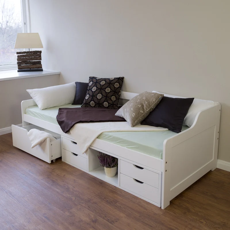 Lit simple avec sommier à lattes et tiroirs de rangement en pin blanc 90x200 LIT06234