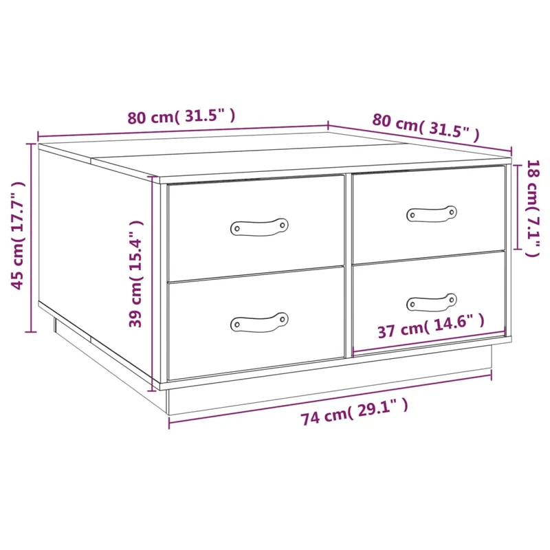 Table basse de salon avec 4 tiroirs design rustique 80 x 80 x 45 cm bois massif de pin DEC037201