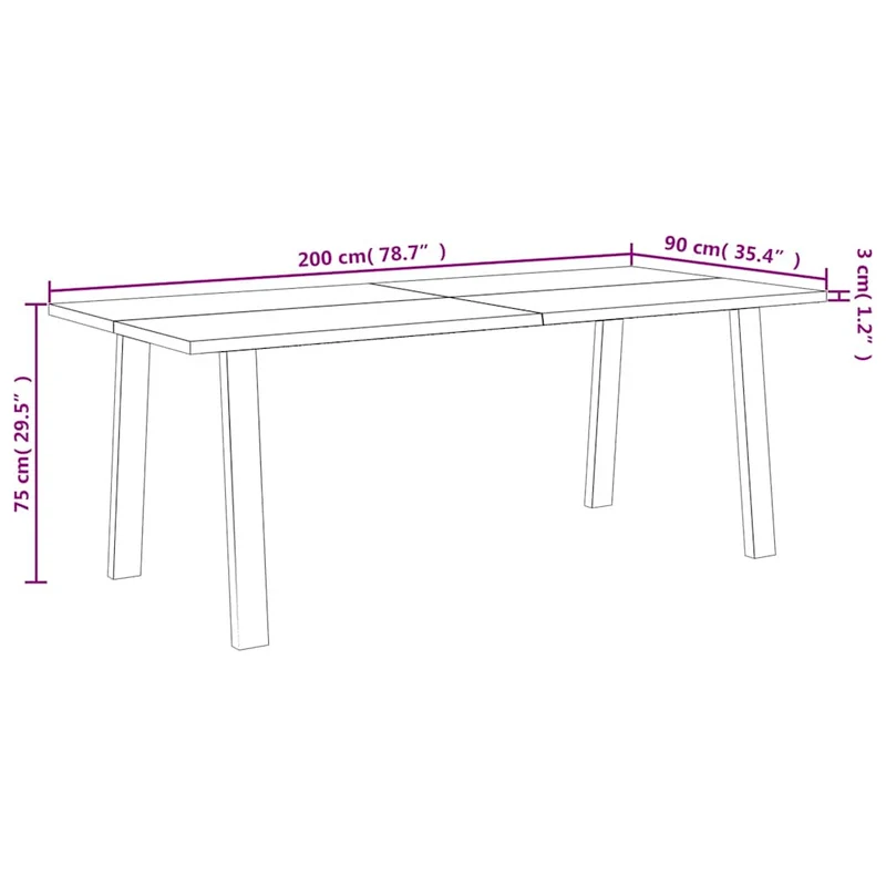 Table de salle à manger design rustique industriel 200 x 90 x 75 cm bois d'acacia et acier DEC036743