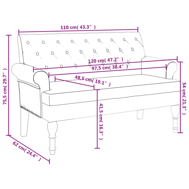 Banquette banc avec dossier capitonné accoudoirs 120 x 62 x 75,5 cm en tissu vert DEC024662