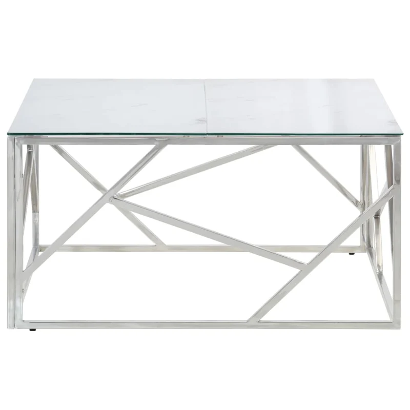 Table basse de salon design moderne en acier inoxydable argenté et verre trempé DEC037295
