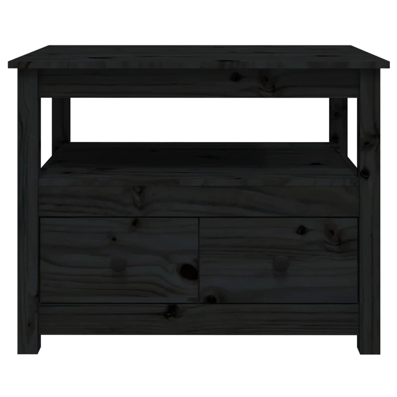 Table basse avec étagère ouverte et 2 tiroirs design rustique 71 x 49 x 55 cm bois massif de pin noir DEC039745