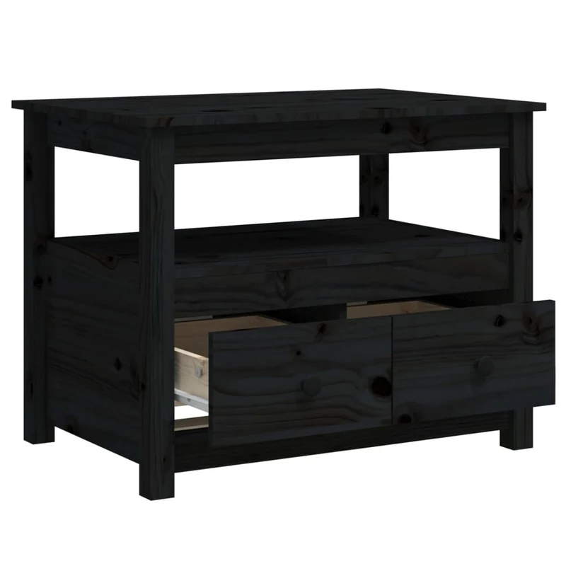 Table basse avec étagère ouverte et 2 tiroirs design rustique 71 x 49 x 55 cm bois massif de pin noir DEC039745