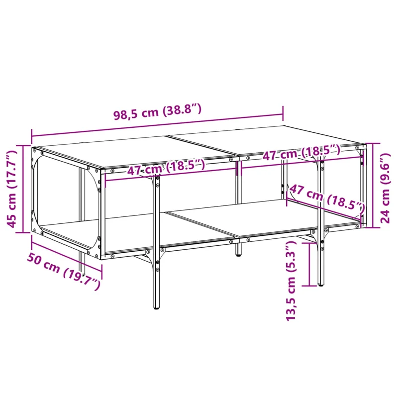 Table basse de salon design moderne avec dessus en verre transparent et acier 98,5 x 50 x 45cm DEC037380