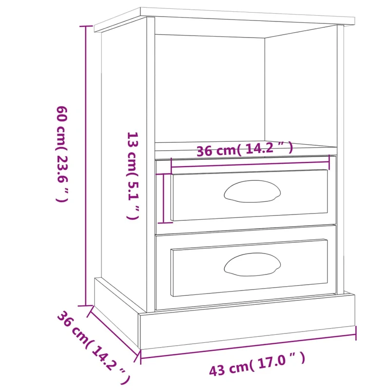 Table de chevet avec 2 tiroirs et compartiment ouvert 43 x 36 x 60 cm bois d'ingénierie blanc DEC033404