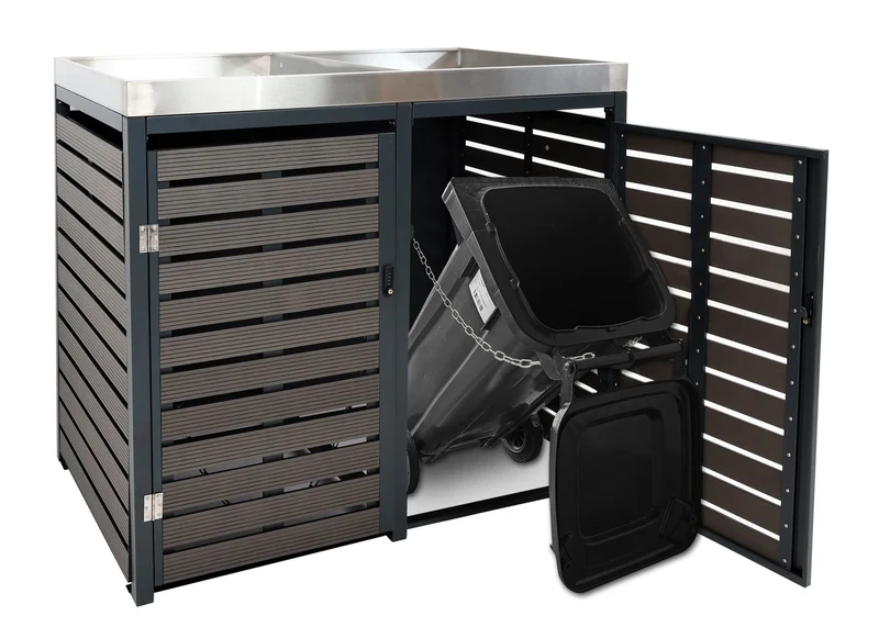 Cache-poubelles double avec bac à plantes 124 x 134 x 84 cm WPC / acier inoxydable anthracite 04_0005718