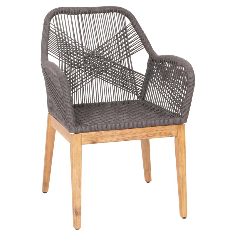 Lot de 2 chaises de jardin moderne résistant aux intempériese en bois d’acacia dossier arrondi en corde tressée gris coussin gris 04_0010099