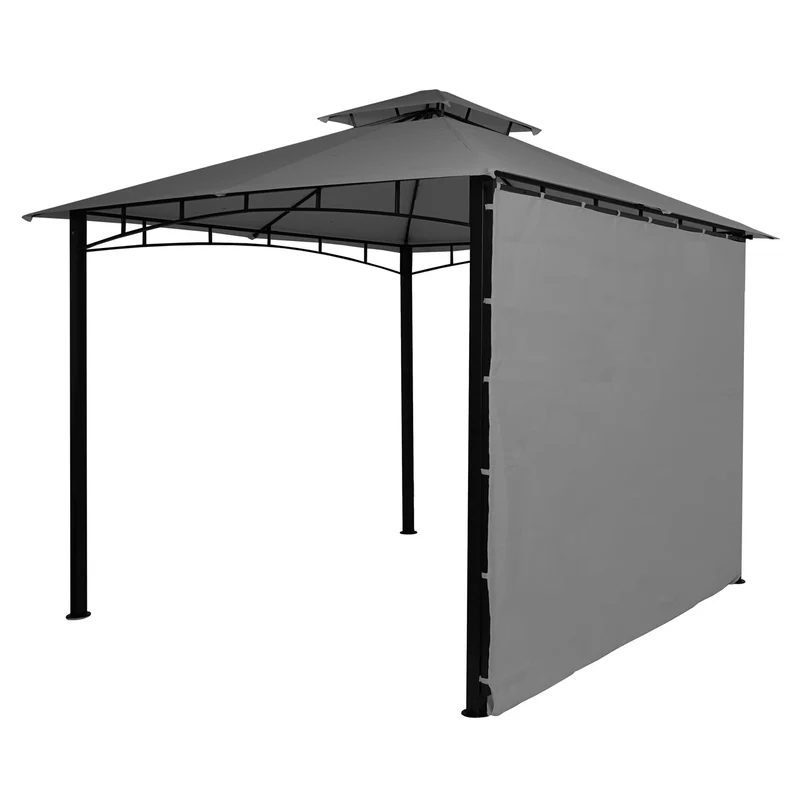 Pergola pavillon de jardin 2,5 x 2,5 m structure en acier avec paroi latérale mobile toit en polyester gris 04_0010942