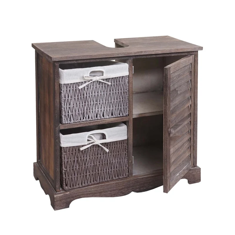 Meuble sous lavabo salle de bain en bois massif marron vieilli avec paniers de rangement 60 x 65 x 31 cm 04_0010634