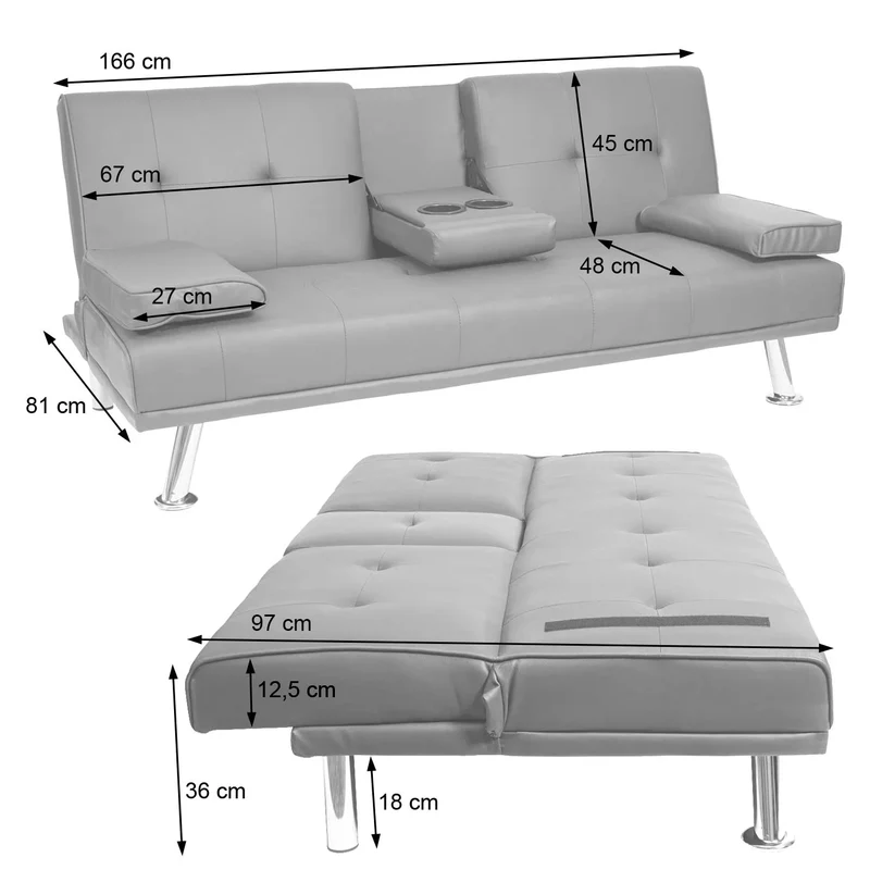 Canapé 3 places convertible avec porte-gobelets rabattables dossier réglable 166 x 97 cm tissu gris clair 04_0010965