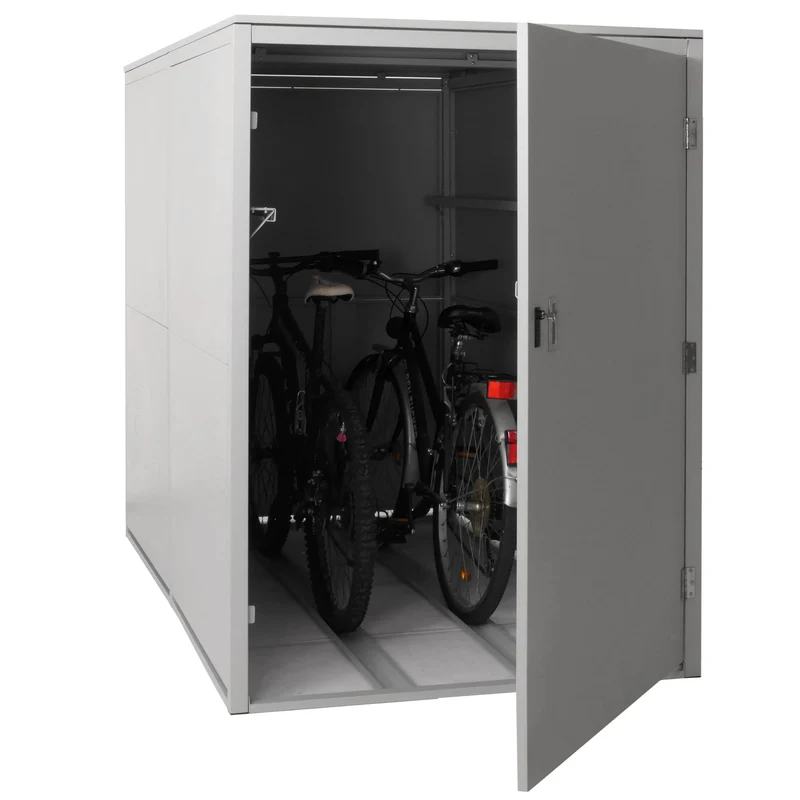 Garage à vélos double abri métallique verrouillable avec rails 160 x 113 x 209 cm en fer gris clair 04_0006964